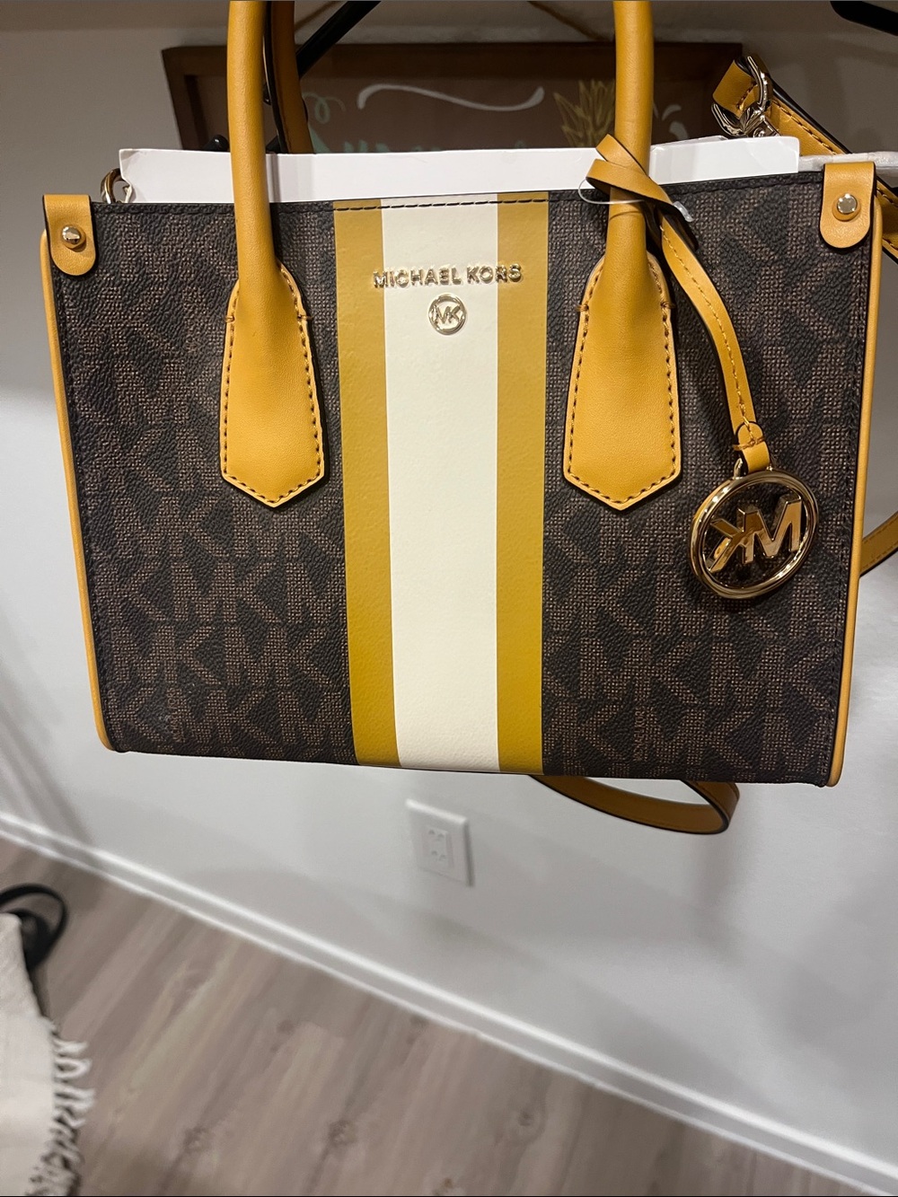 Michael Kors Brown, Mustard & Cream Stripe Logo Satchel - Picture 6 of 6